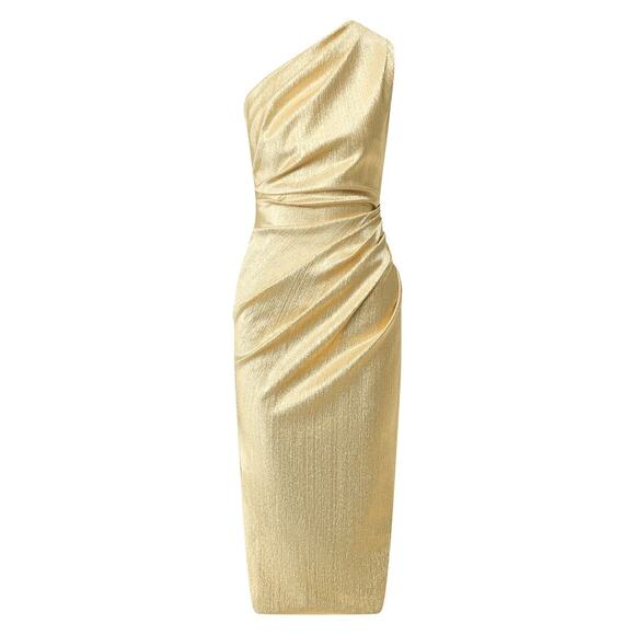 NWT DOLCE & GABBANA One-shoulder Metallic Silk blend Midi Dress Gold 42 M - Picture 1 of 10
